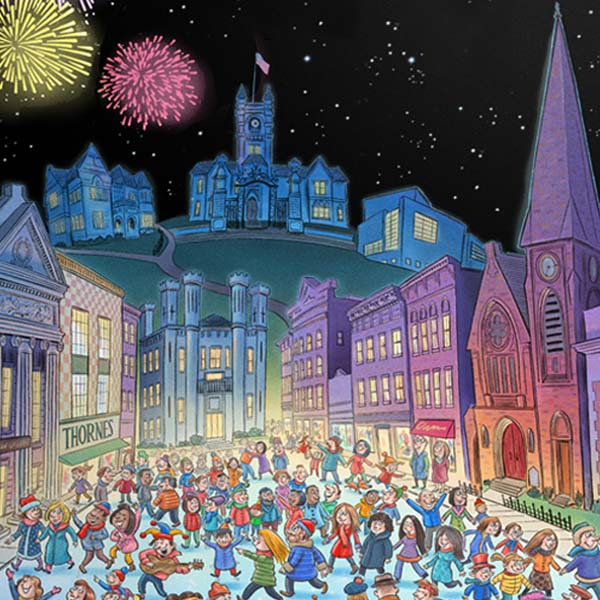 Artist's illustration of First Night celebration and fireworks in Northampton, Massachusetts