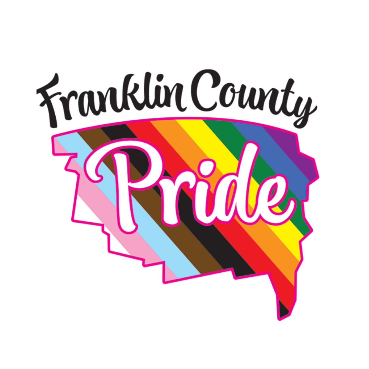Franklin County Pride logo with outline of the county filled with lines of rainbow colors.