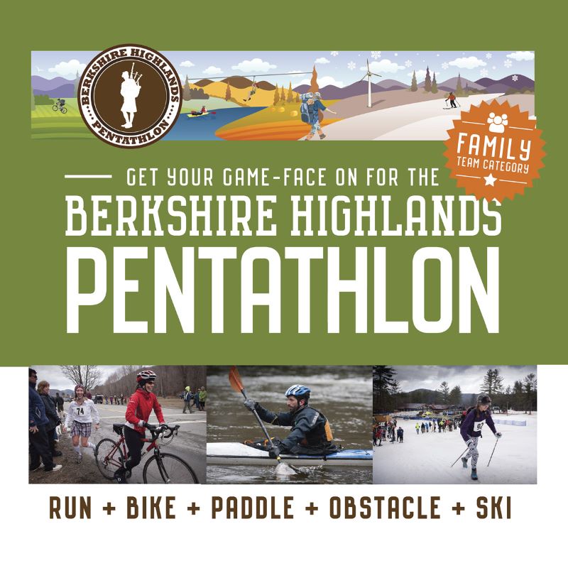 Get your game-face on for the Berkshire Highlands Pentathlon. Photos of athletes cycling, skiing and kayaking.