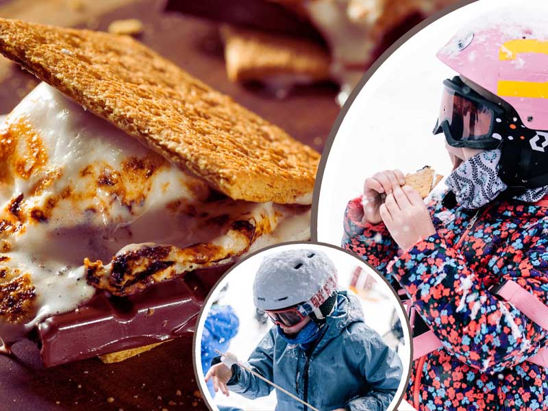 close-up photo of a s'mores treat with children in skiing gear