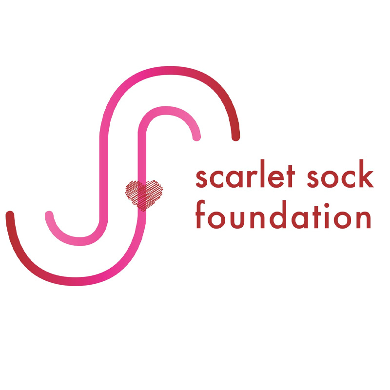 Scarlet Sock Foundation logo with a red and pink stylized "S" with a small heart.