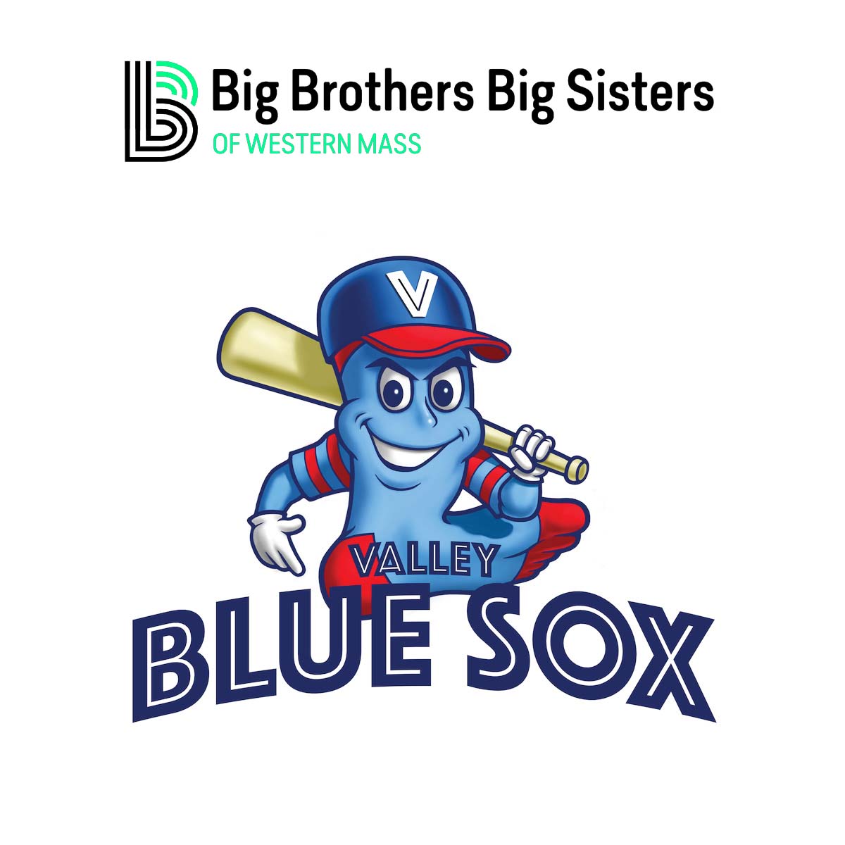 Big Brothers Big Sister of Western Mass logo above the Valley Blue Sox logo