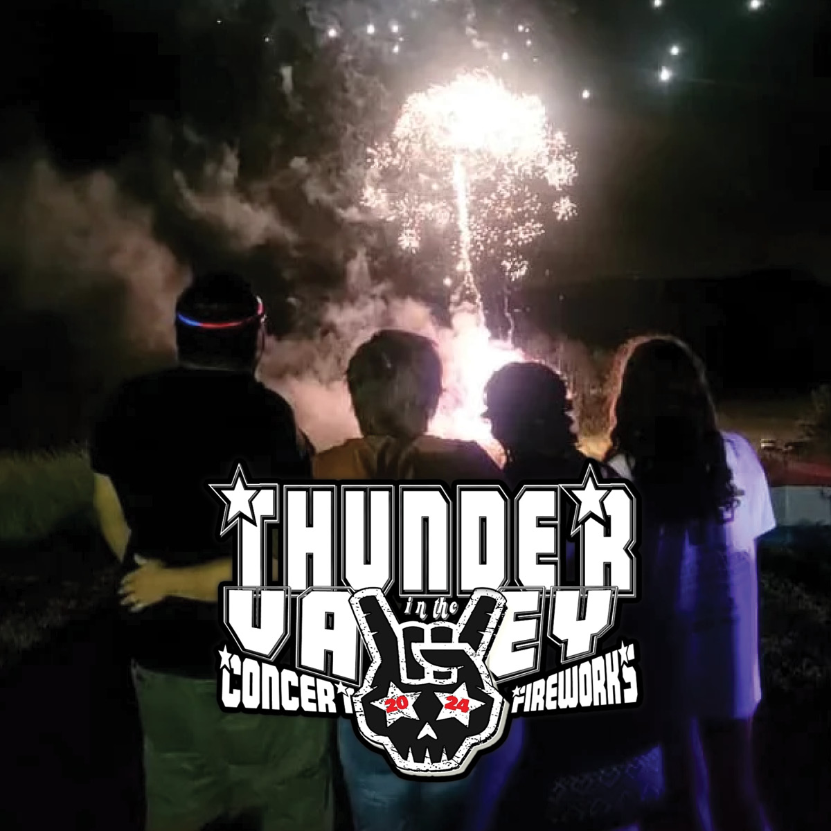 Thunder in the Vallet concert logo with a photo of people watching fireworks.