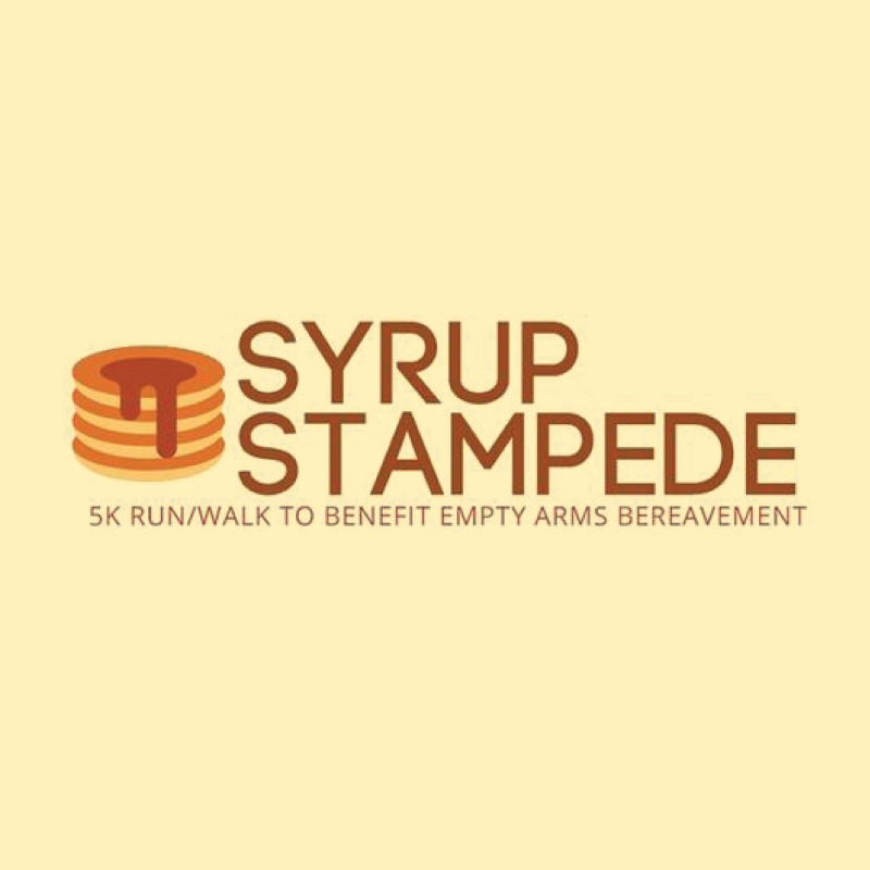 Syrup Stampede logo with illustration of a stack of pancakes. 5k run/walk to benefit Empty Arms Bereavement