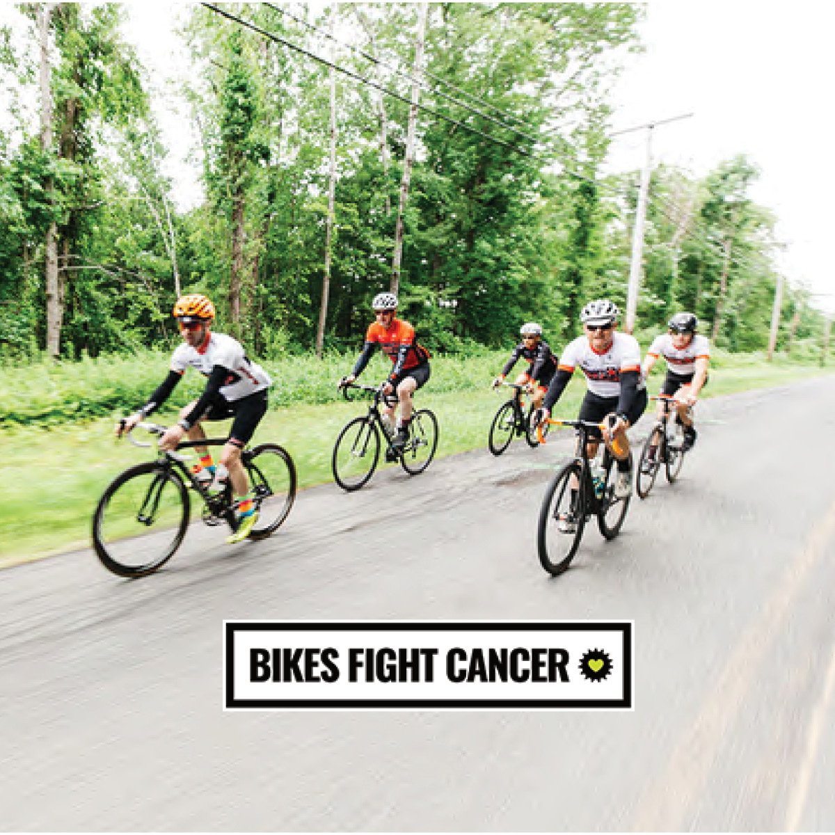 Bikes Fight Cancer logo with photo of cyclists riding on a road
